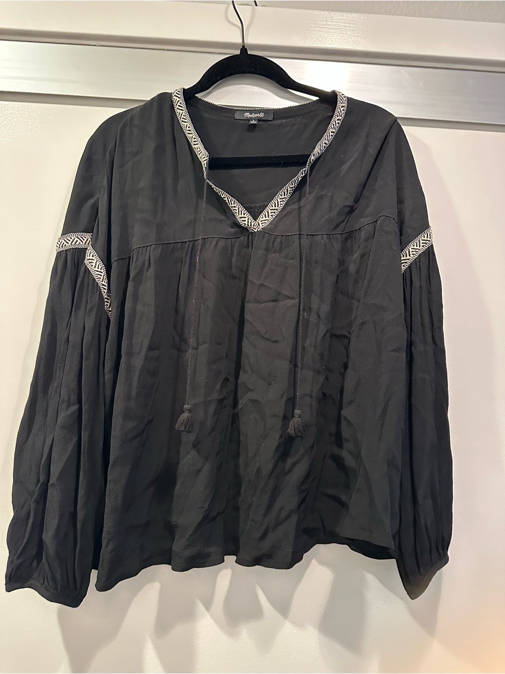 Madewell Black V-Neck Tassel Tunic with White Embroidered Trim